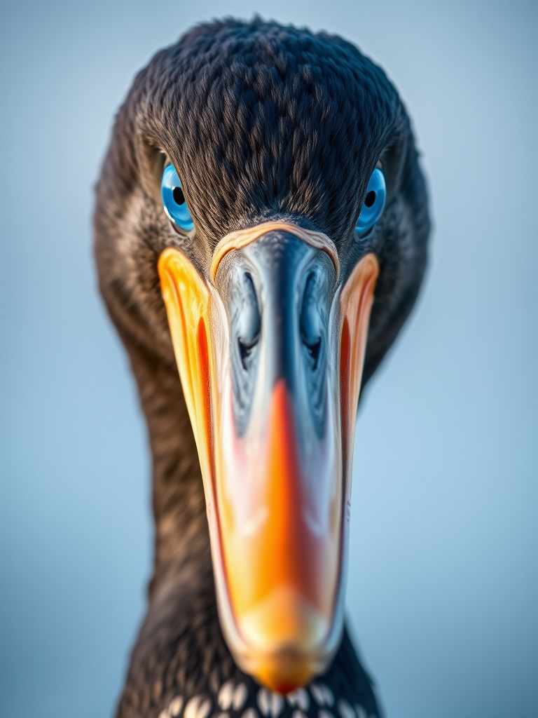 Capture a close-up portrait of a cormorant, showcasing its vibrant blue eye and striking orange throat, with soft background bokeh, shot on a DSLR camera with a 300mm lens at f/2.8, ISO 200, and a shutter speed of 1/500s for sharp detail.