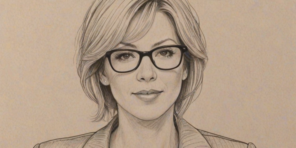 Comely Jenna Elfman, pencil sketch, portrait of Fetching woman 1973s in glasses, hair style beatnik, outline, clear lines, fine lines, 8k