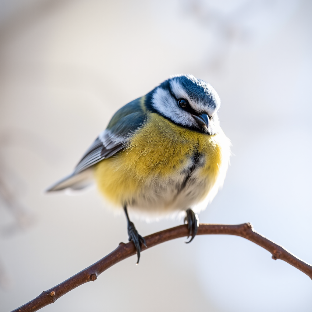 close-up of a blue tit bird perched on a branch, soft natural lighting, shallow depth of field, 85mm lens, aperture f/2.8, ISO 200, DSLR camera, focus on the bird with a blurred background