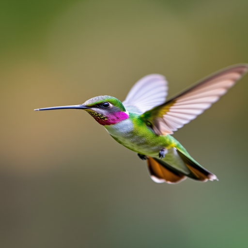 hummingbird flying with vibrant green feathers, captured with a Canon EOS R5, 85mm lens, f/2.8, ISO 200, shutter speed 1/2000s, shot in natural light with a shallow depth of field for a blurred background.