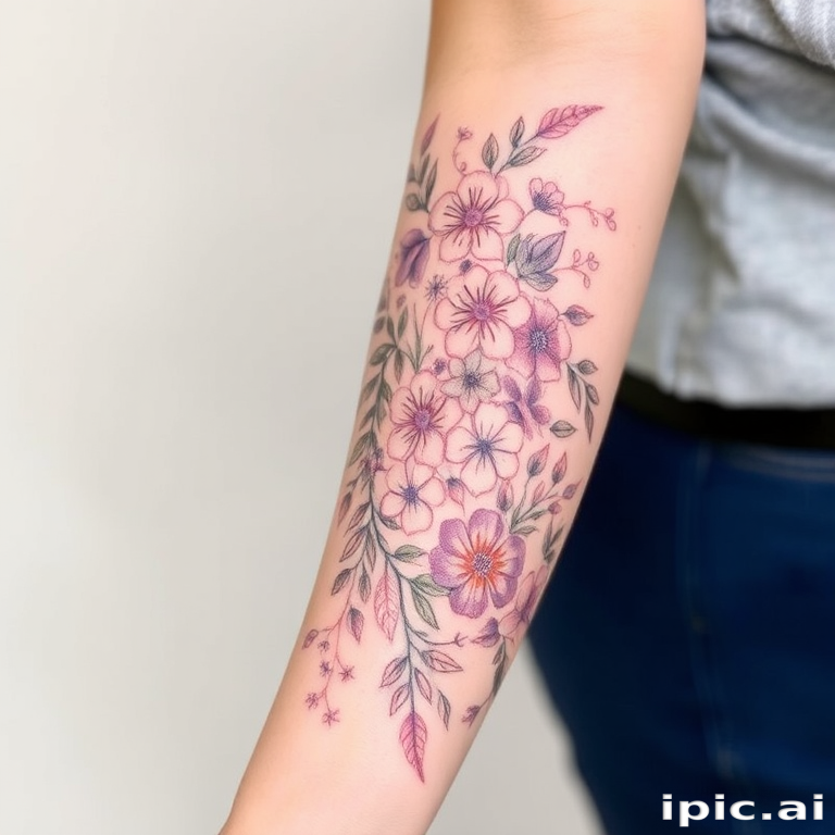 Delicate floral sleeve tattoo named "Blooming Reverie" featuring a cascade of botanically accurate flowers and leaves. Soft, muted colors in pastel shades create a dreamy, romantic atmosphere. Fine lines and subtle shading bring the delicate petals and foliage to life, wrapping gracefully around the arm in a continuous garden of beauty.