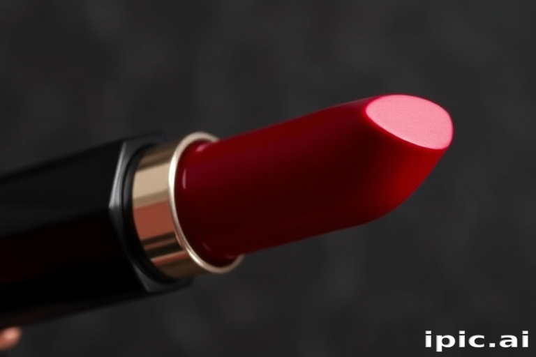 Classic "Ruby Noir" cream lipstick delivering intense color payoff with a satin finish, enriched with moisturizing ingredients for comfortable all-day wear
