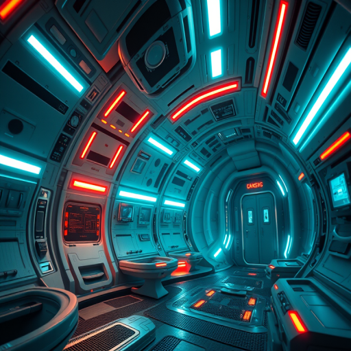 futuristic spaceship scene with neon lights, shot with a Canon EOS R5 at f/1.8, 1/100s, ISO 200, wide-angle view, cinematic style, high dynamic range.
