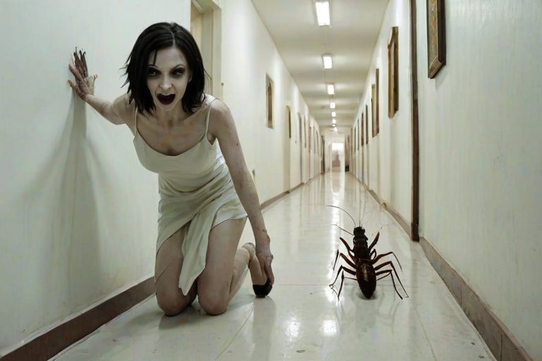 a crooked woman with long arms and a creepy smile is crawling along a long white corridor and you can also see cockroaches in it there is a creepy atmosphere creepy art style