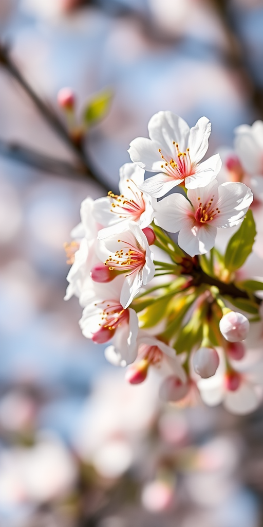 Cherry blossom close-up with soft focus background, captured with a Canon EOS R5, 50mm lens, aperture f/1.8, ISO 100, natural light, shallow depth of field, vibrant colors.
