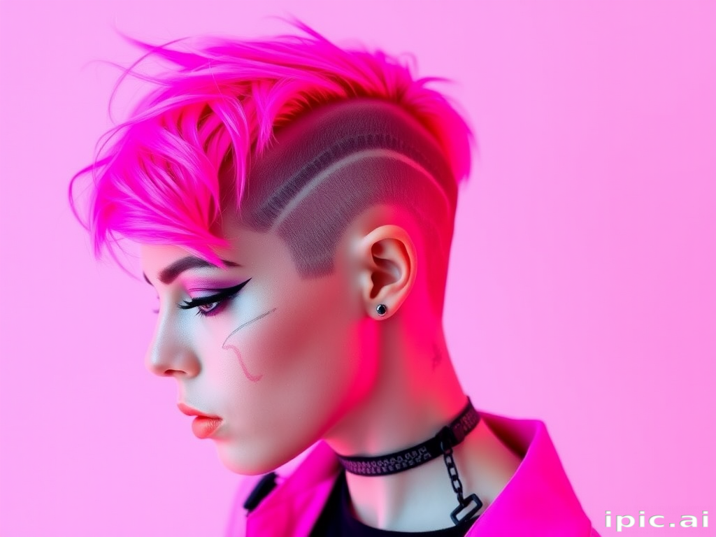Electric neon pink asymmetrical undercut with shaved patterns, the "Cyber Punk" look merges futuristic edge with bold self-expression