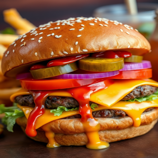 High-resolution, close-up image of a gourmet double cheeseburger. The burger features a glossy, sesame-seed-topped brioche bun. Inside, there are two thick, juicy beef patties, each topped with melted cheddar cheese. The burger is garnished with fresh lettuce, tomato slices, diced onions, and pickles. A generous amount of ketchup and a creamy, orange-colored sauce is dripping down the sides, adding to the mouth-watering appeal. In the background, there are blurred elements including a side of golden French fries and a hint of a beverage, enhancing the overall presentation of a delicious meal.