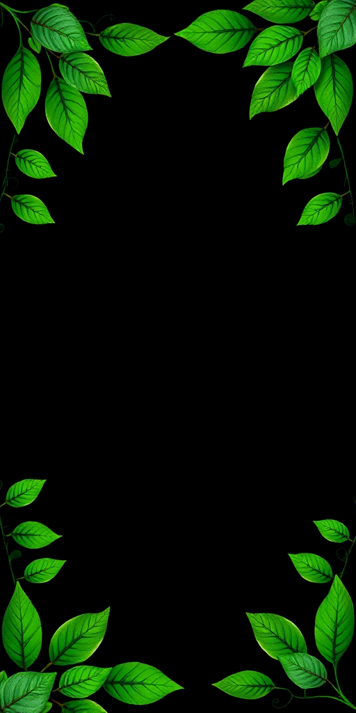 Create an image of a black background framed with a vibrant green decorative border featuring leaf patterns, using a DSLR camera at f/2.8, 1/60s shutter speed, ISO 200, in a macro style from a top-down view.