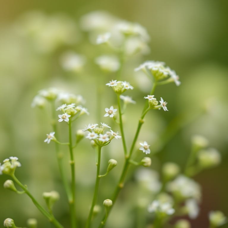 Close-up of delicate white flowers on green stems with a soft blurred background, taken with a Canon EOS 5D Mark IV, 50mm lens, aperture f/2.8, ISO 100, natural light, shallow depth of field.