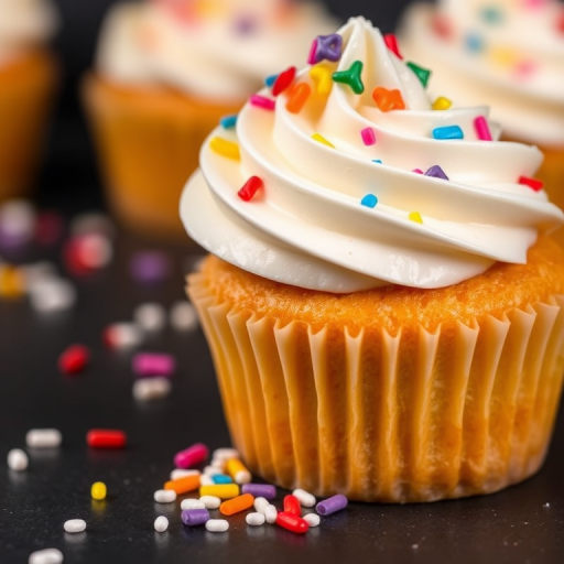 A close-up image of a delicious cupcake with white frosting swirls topped with colorful sprinkles on a dark background showcasing a few scattered sprinkles around the base.