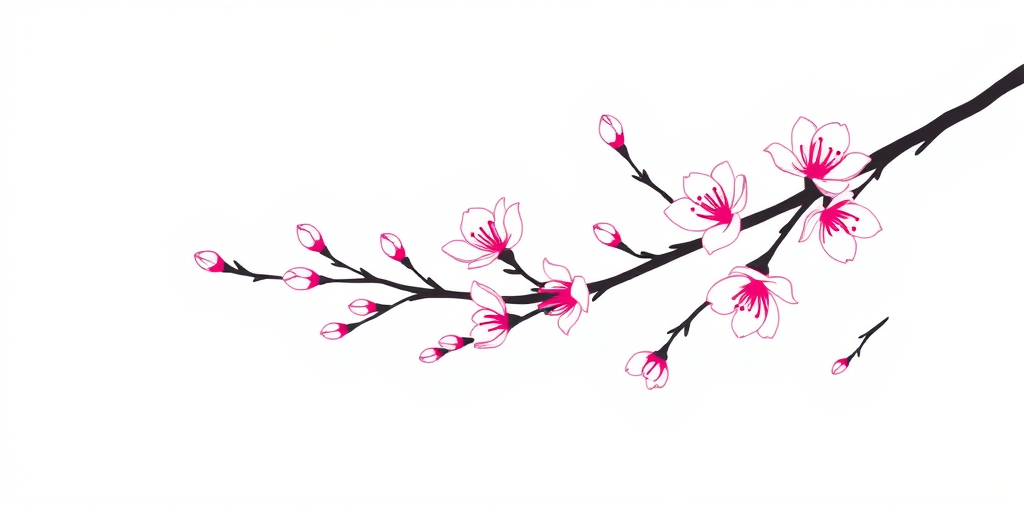 create a simple line drawing of a tree branch with budding flowers in a soft pink color on a transparent background