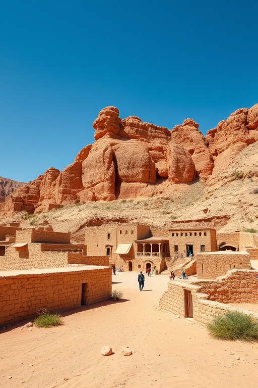 A vibrant desert village with ancient rocky architecture and a clear blue sky, taken with a Canon EOS R5 at f/8, ISO 100, 24mm lens, wide-angle view in natural light, high dynamic range photography.