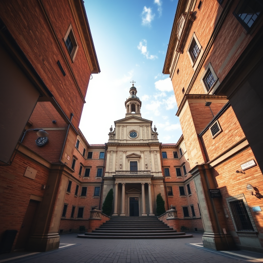 regenerate the image of a historical building complex with a large central church and adjacent structures, captured with a Canon EOS R5, 35mm lens, f/8 aperture, ISO 100, in daylight, wide-angle view for depth and detail, high dynamic range for vibrant colors and contrast