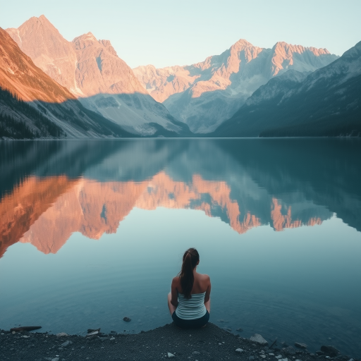Serene mountain lake reflecting the surrounding peaks, with a woman sitting quietly on the shore, enjoying the peaceful solitude.