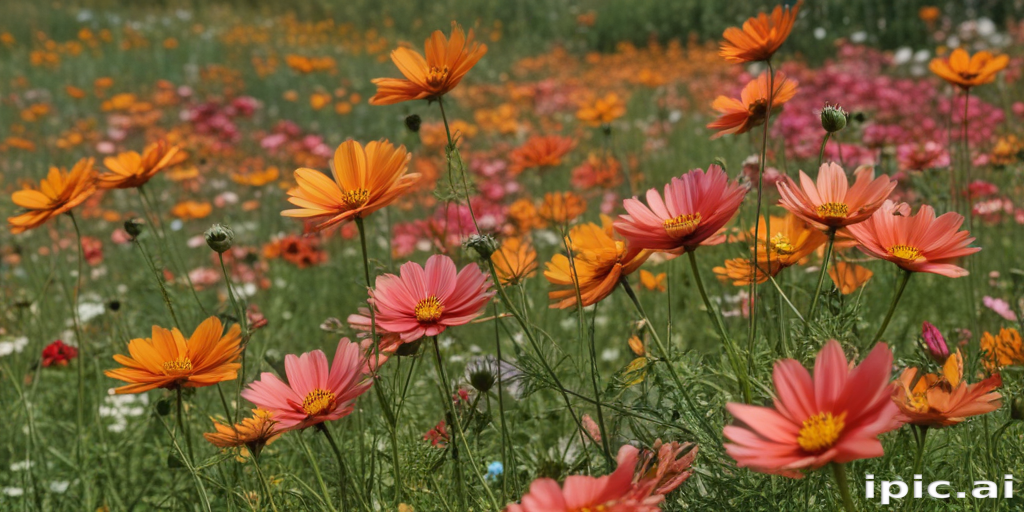 A Vibrant Field of Colorful Flowers in Full Bloom on a Sunny Day