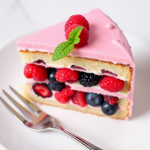 A slice of layered cake with pink and white frosting showcasing mixed berries including raspberries and blueberries on top garnished with a mint leaf served on a white plate with a fork beside it.