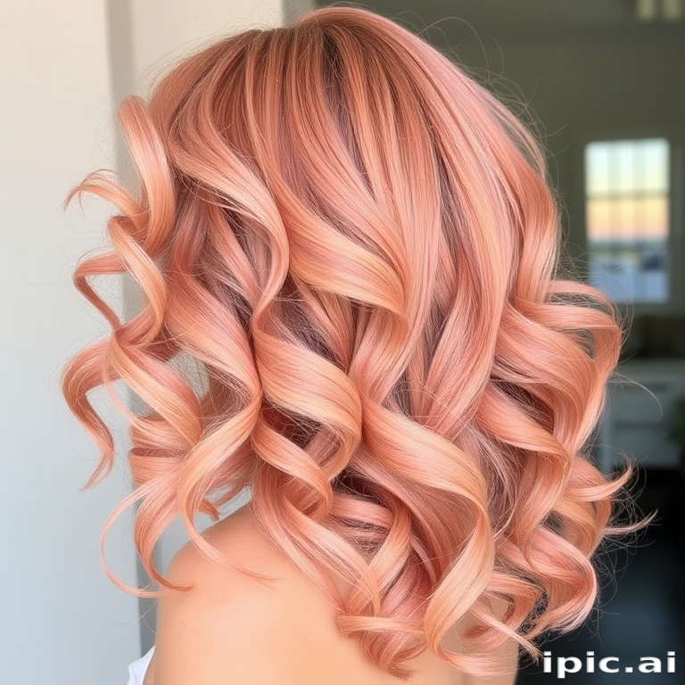 Soft rose gold hair in voluminous, bouncy curls embodies the romantic "Blush Blossom" style, featuring delicate peach and champagne highlights that add warmth and dimension to the feminine hues, creating a dreamy and ethereal look reminiscent of blooming flowers and sunset skies