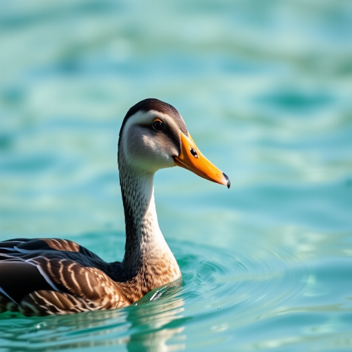 a close-up shot of a duck swimming in clear turquoise water, with soft natural lighting, shallow depth of field, using a DSLR camera with a 50mm lens, aperture set at f/2.8, shutter speed at 1/250s, ISO 200, focus on the duck with a blurred background to enhance the image quality