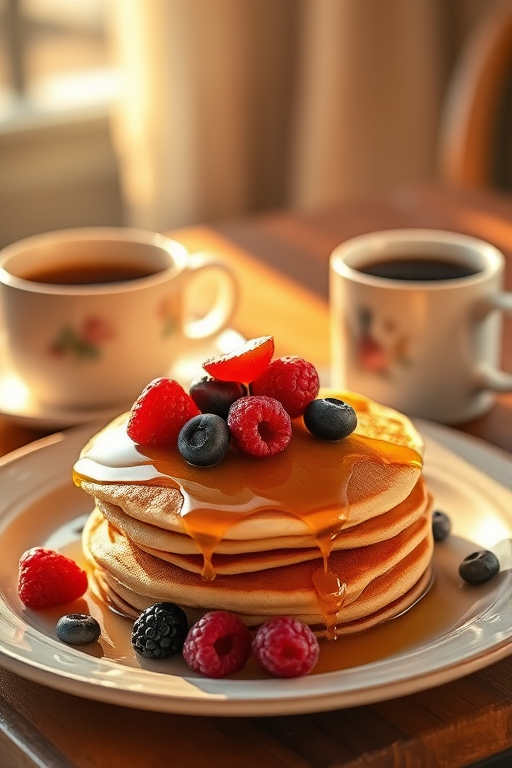 Warmly lit photo of a cozy breakfast scene, with soft golden light illuminating a plate of pancakes topped with fresh berries, maple syrup, and a steaming cup of coffee.
