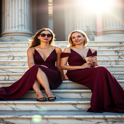 generate an image of two women sitting on marble steps wearing elegant burgundy dresses, one with sunglasses and the other holding a small cup, bright sunlight illuminating their features, shallow depth of field, aperture f/2.8, ISO 100, 50mm lens, natural light photography, portrait orientation, DSLR camera
