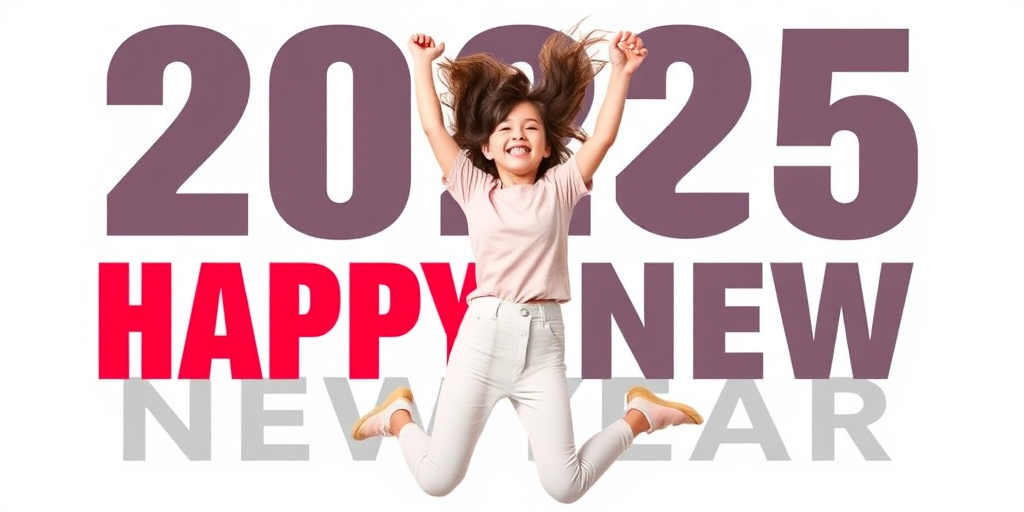 Create an image of a young woman joyfully jumping against a white background with bold text reading "2025 HAPPY NEW YEAR," captured with a Canon EOS R5, 24mm lens, f/2.8, ISO 100, 1/500s, in vibrant colors and high contrast.