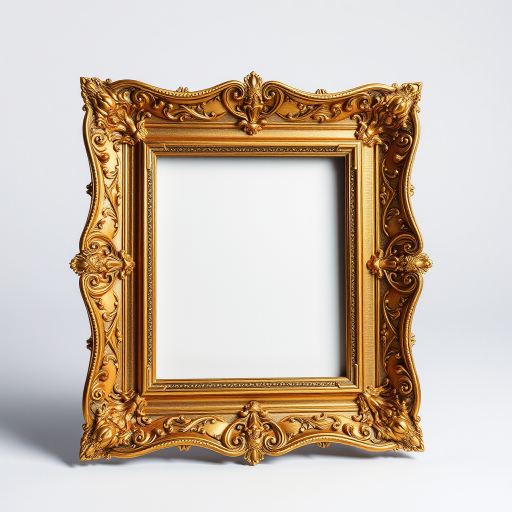 Regenerate an ornate golden picture frame with intricate designs, using a Canon EOS R5 camera, set to a focal length of 50mm, aperture of f/2.8, ISO 100, in studio lighting for enhanced clarity and detail, shot from a frontal view to capture the frame's texture.