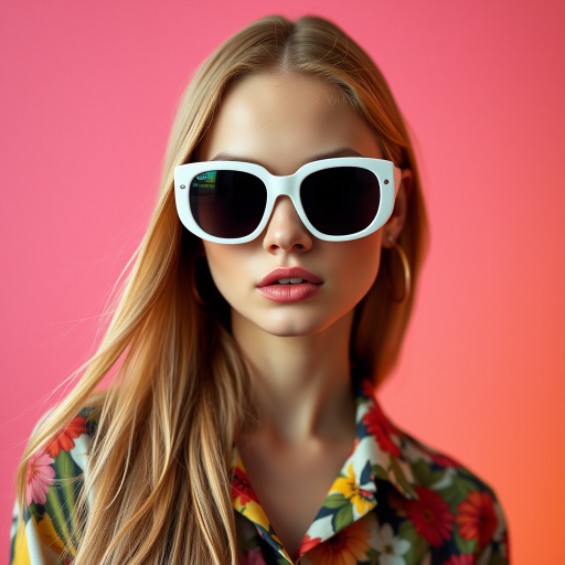 Capture a fashion portrait of a model with long blonde hair wearing oversized white sunglasses and a colorful floral shirt against a vibrant pink and yellow background, using a Canon EOS R5 with a 50mm f/1.2 lens, aperture at f/2.8, ISO 100, and shutter speed 1/200s for sharp focus and vivid colors.