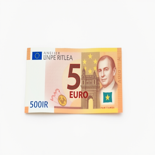 Create a high-resolution image of a 5 Euro banknote, centered in the frame with a clean background, using a DSLR camera at f/8 aperture, ISO 100, 50mm lens, shot from a straight-on perspective to capture details and enhance clarity.