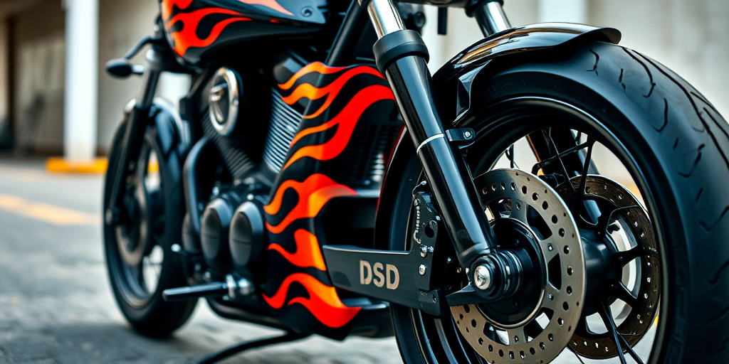 Generate a high-resolution image of a motorcycle with flames on the body, captured at a low angle with a 50mm lens, f/2.8 aperture, 1/250 sec shutter speed, and ISO 100, using a DSLR camera with a focus on vibrant colors and sharp details against a blurred background.