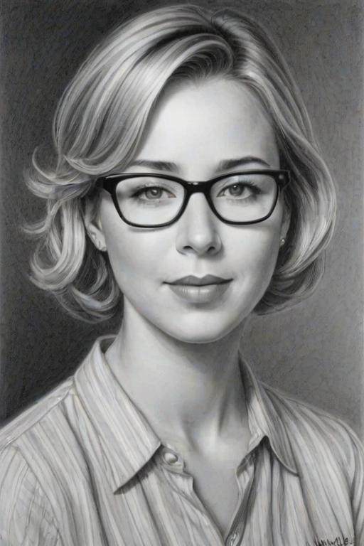 Attractive Traylor Howard, pencil sketch, portrait of Pleasing woman 1939s in glasses, hair style beatnik, outline, clear lines, fine lines, 8k