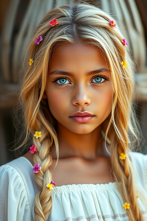 Create an image of a young Garifuna woman with long, wavy blonde hair, adorned with small, colorful flowers woven into her braids and loose strands. Her complexion is fair, with soft, glowing skin, and she has light blue eyes that gaze softly at the viewer. She wears a light, flowing dress with a gentle, ethereal quality, complementing her delicate and serene appearance. The background is slightly blurred, drawing focus to her tranquil expression and the intricate details of the flowers in her hair. The overall mood of the image is one of natural beauty and grace, evoking a sense of peacefulness and connection with nature.