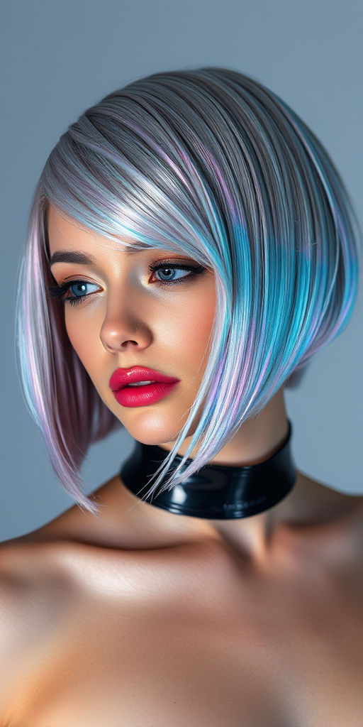 Futuristic shot of a model with Holographic Chrome hair, a silvery base that shifts colors in the light, styled in a sleek, geometric bob