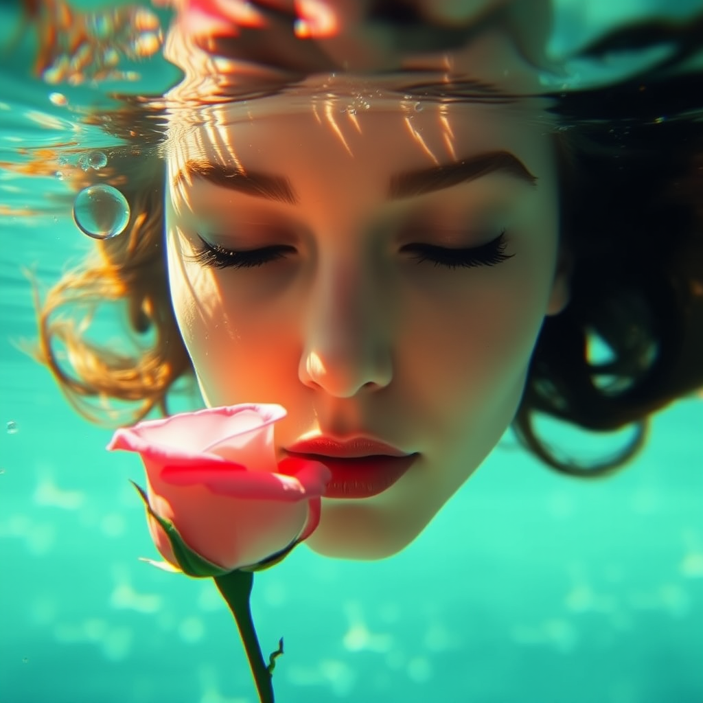 Captivating Underwater Portrait Of A Woman Holding A Rose Gracefully Captivating Underwater Portrait Of A Woman Holding A Rose Gracefully