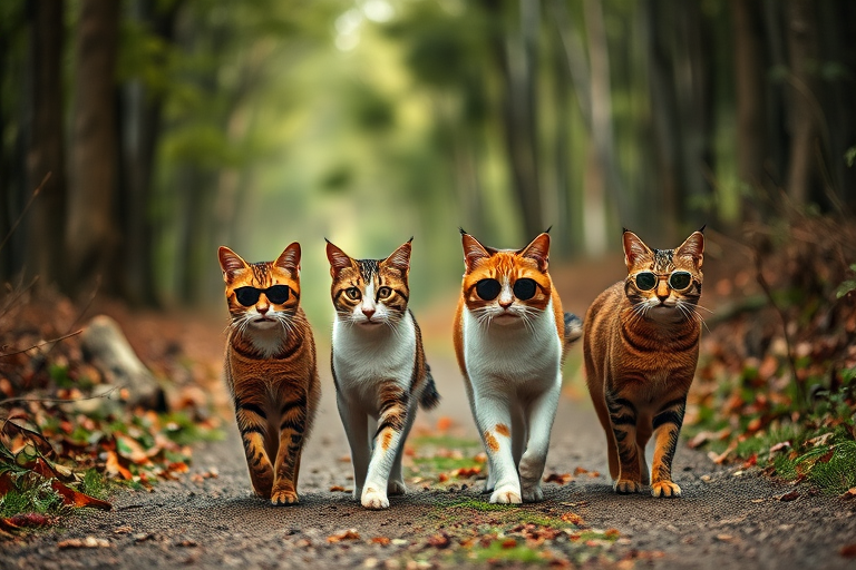 Four stylish cats wearing sunglasses walking down a forest path, captured with a Canon EOS R5, 50mm lens, f/1.8 aperture, ISO 100, natural lighting.