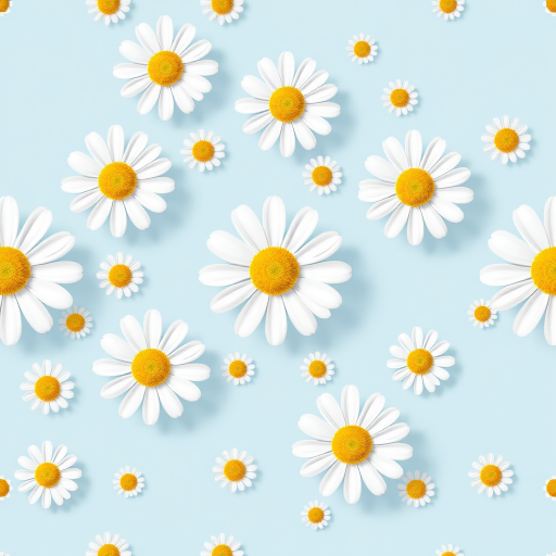Create a seamless pattern featuring a light blue background filled with white daisies. Each daisy should have a bright yellow center and a simple, clean design. The flowers should be evenly spaced, creating a harmonious and cheerful floral pattern.