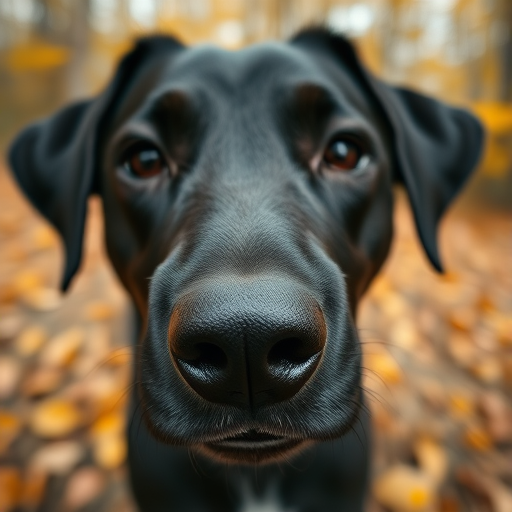 close-up of a black dog, sharp focus on the eyes and nose, blurred autumn background, camera settings: f/2.8, ISO 200, shutter speed 1/200, camera view: macro, camera style: portrait, camera type: DSLR