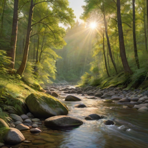Create an image of a serene, sunlit forest scene with a clear, gently flowing river. Tall trees with lush green foliage line both sides of the river, their leaves bathed in the warm golden light of the setting or rising sun. The sunlight filters through the trees, casting soft, dappled light on the river, which flows over smooth rocks and pebbles, creating a peaceful, natural atmosphere. The sky is bright with a few scattered clouds, and the overall mood is tranquil, evoking a deep sense of connection with nature. The image captures the beauty of a calm, pristine forest landscape at either dawn or dusk.