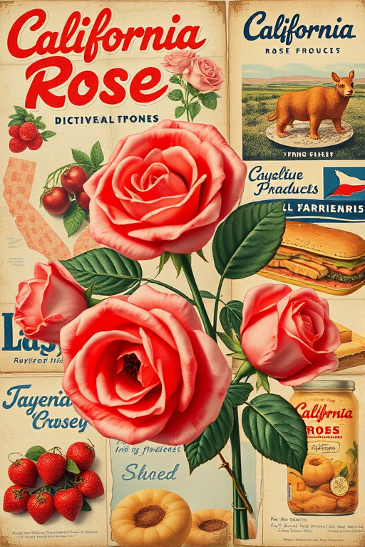 Vintage collage of California rose and food product advertisements, highly detailed, vibrant colors, macro lens, f/2.8 aperture, 50mm lens, vintage film style, natural lighting, shot from eye level.