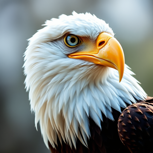 regenerate a hyper-realistic image of a bald eagle with detailed feathers and a sharp gaze, using a 50mm lens, aperture f/1.8, ISO 100, and a shallow depth of field, side view, capturing intricate textures and vibrant colors in natural light