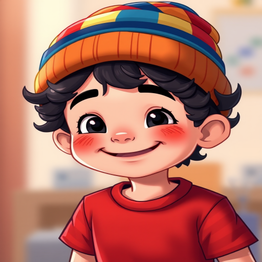 Create a high-resolution digital illustration of a cheerful cartoon boy wearing a multicolored beanie hat, with curly black hair and a striped red t-shirt, using a 50mm lens, f/2.8 aperture, ISO 100, and a soft-focus background to enhance the subject's clarity and brightness.