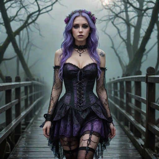 (Bottom-up view view:1.5) Cinematic glamour portrait of a beautiful ((skiny:1.1)) young girl, detailed purple eyes, wearing a Dark Alice in Wonderland dress with a Lace-up corset,  wearing Doc Martens boots with Ripped fishnet tights, green velus hair, on A gothic, fog-shrouded bridge, mist softly illuminated by a bluish or violet light source, supernatural feel, a giant Kraken comes from the mist, dark movie, look in the style of a horror science fiction movie, Dusk on a foggy bridge, unity 8k wallpaper, ultra detailed, beautiful and aesthetic, best quality, intricate, sharp focus, 8k textures , intricate, highly detailed, sharp focus, insane details, intricate details, hyper detailed, exposure blending, hdr, hyperrealistic, shot with Mamiya Leaf, Leica Elmar-M lens, 85mm, f/1.8, (high detailed skin:1.2), uhd, dsir, soft lighting, high quality, film grain,