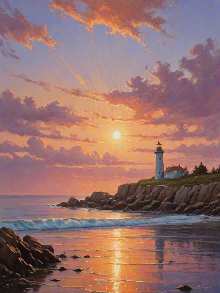 Generate an image of a tall lighthouse perched on a rocky outcrop surrounded by calm ocean waters during a breathtaking sunset. The lighthouse stands sturdy and weathered, its stone surface illuminated by the warm golden light of the setting sun. The sun's rays pass directly through the glass lantern room at the top of the lighthouse, casting a brilliant light across the scene. The sky is painted with vibrant shades of orange, pink, and purple, reflecting off the tranquil sea. The surrounding water shimmers with the same warm hues, creating a serene and majestic atmosphere.