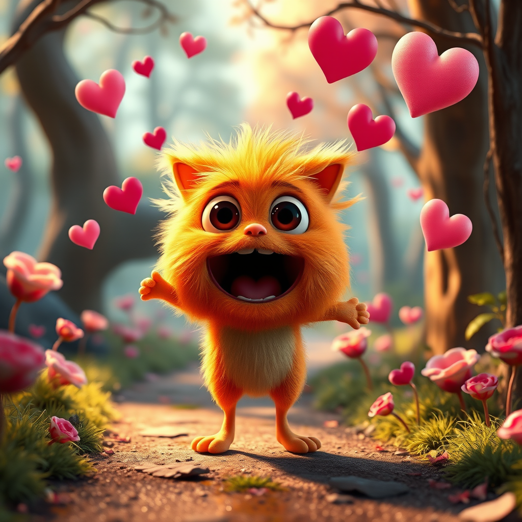 A fluffy orange creature with large eyes and a wide open mouth stands on a path in a whimsical forest, bright pink and red hearts float through the air, the creature has a surprised expression, the light is warm and soft, photorealistic, digital art, 3D style