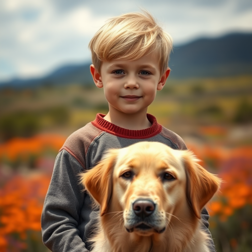 Create a hyper-realistic portrait of a young boy with blond hair standing outdoors in a vibrant landscape, his loyal dog with a golden coat in front of him, captured with a 50mm lens at f/1.8, 1/200s shutter speed, ISO 100, utilizing natural lighting to enhance colors and details, with a slightly blurred background for depth.