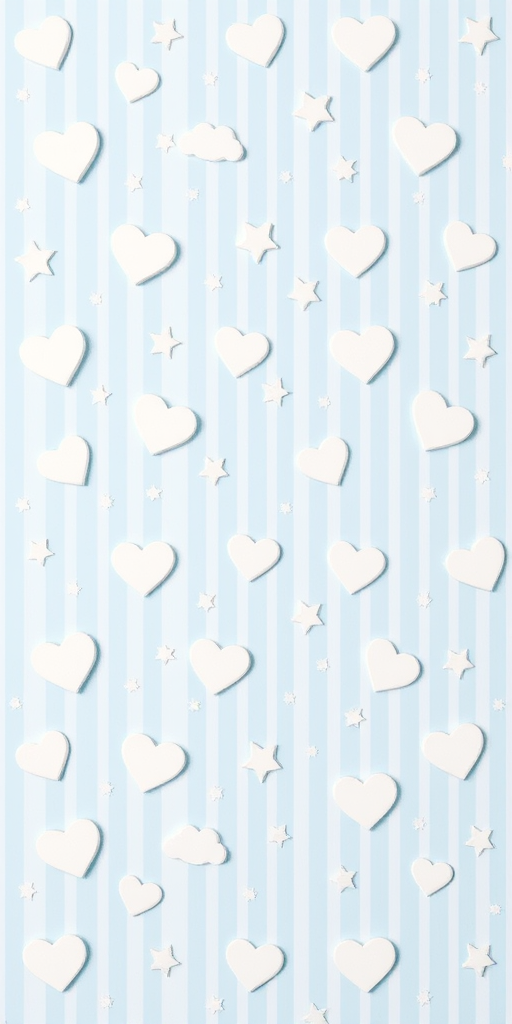 pattern of white hearts, stars, and clouds on a light blue striped background, high resolution, f/8 aperture, 50mm lens, ISO 100, top-down view, flat lay style, natural lighting, digital camera