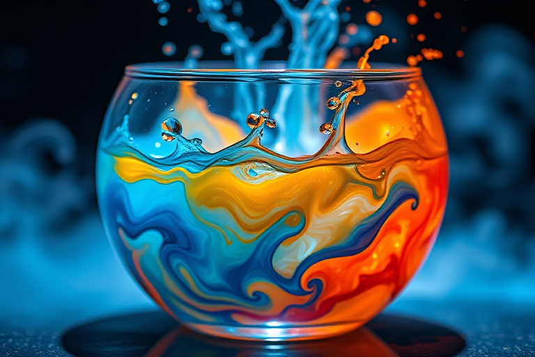 Capture a magical scene of a glass bowl filled with vibrant blue and orange swirling liquids, reminiscent of fire and water, with dramatic splashes and wisps of steam, shot in macro mode using a full-frame DSLR at f/2.8, ISO 100, and a shutter speed of 1/250 sec, with soft, diffused lighting to enhance the colors and textures.