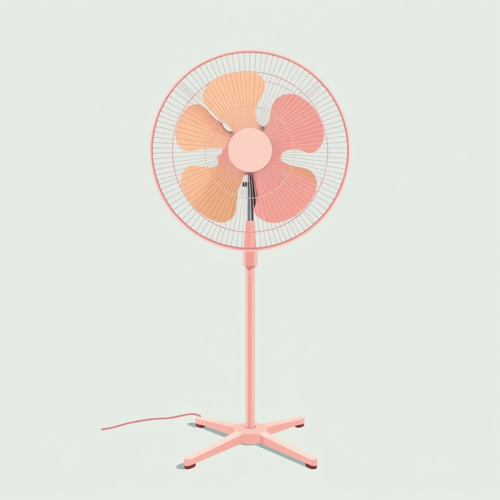 generate a minimalist illustration of a standing fan with a soft pastel color palette, focus on clean lines and a simple background, camera settings: aperture f/8 for sharpness, ISO 200 for clarity, shutter speed 1/60s, camera view: slightly angled from the front to showcase the fan's features, camera style: digital illustration, camera type: DSLR