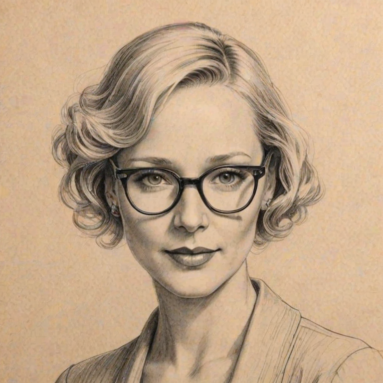 Pleasing Anne Heche, pencil sketch, portrait of Beauteous woman 1930s in glasses, hair style beatnik, outline, clear lines, fine lines, 8k