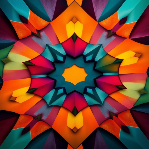 Regenerate an abstract geometric pattern with vibrant colors and high contrast, shot with a Canon EOS R5 at f/8, 1/125s, ISO 100, using a wide-angle lens from a top-down perspective to enhance clarity and detail.