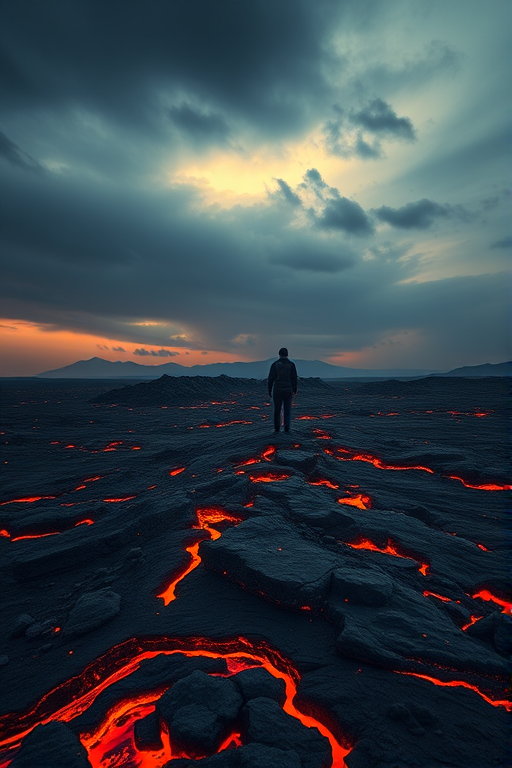 Generate a surreal landscape of a lone figure standing amidst a fiery, lava-filled terrain under a dramatic, dark sky with glowing embers, captured with a Canon EOS R5, 24mm lens, f/2.8 aperture, ISO 100, 1/200 sec exposure, wide-angle view for depth and detail, emphasizing contrasts and vibrant colors.